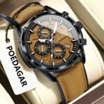 Poedagar692 chronograph leather watch, waterproof, luminous brown