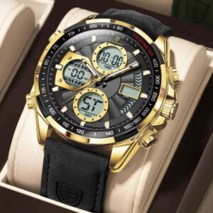 Poedagar E108 Multi-functional chronograph leather watch GD BK