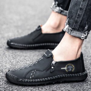 Handmade slip-on zipper casual loafers-Black