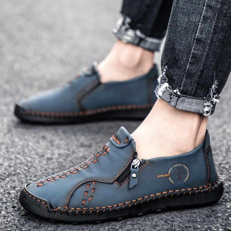 Handmade slip-on zipper casual loafers-Blue