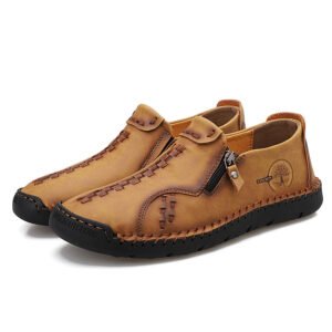 Handmade-slip-on-zipper-casual-loafers-Brown