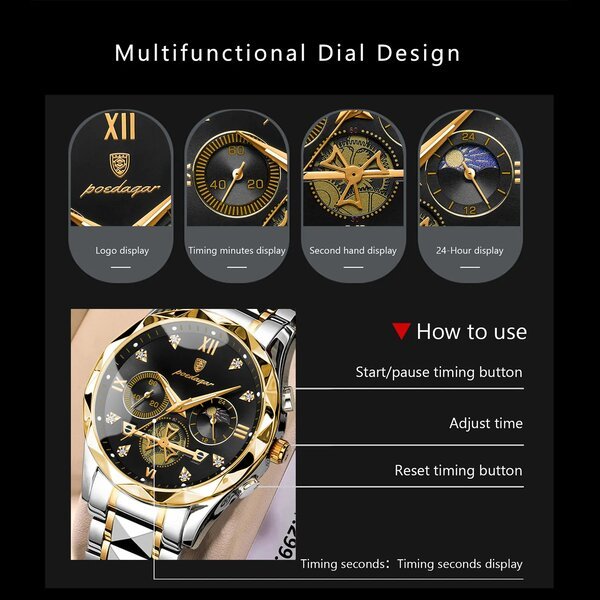 Poedagar 996B luxury chronograph stainless steel watch Black - Image 4