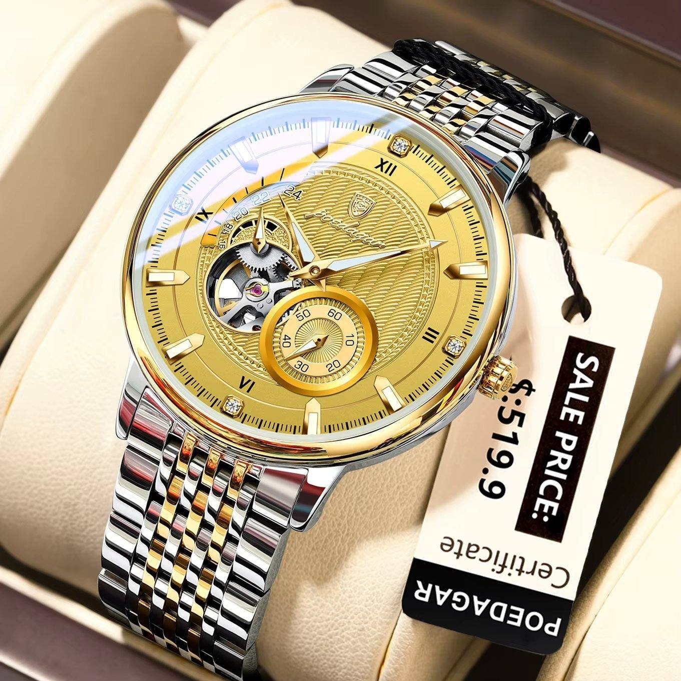 Poedagar 1416 mechanical watch, stainless steel Gold Gold