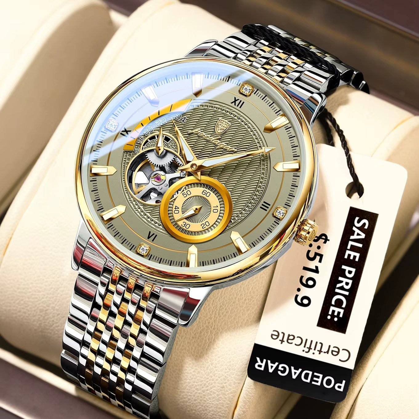 Poedagar 1416 mechanical watch, stainless steel Gold Gray