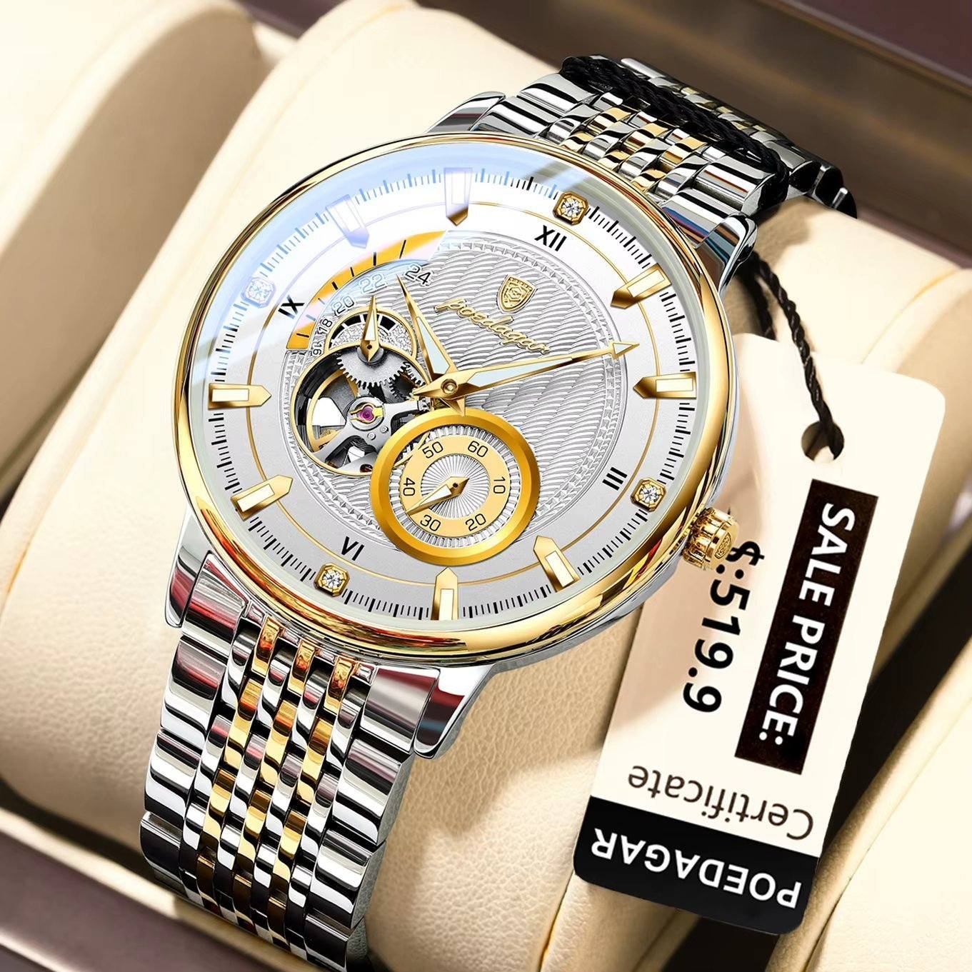 Poedagar 1416 mechanical watch, stainless steel Gold White