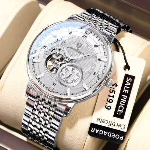Poedagar 1416 mechanical watch, stainless steel Silver White