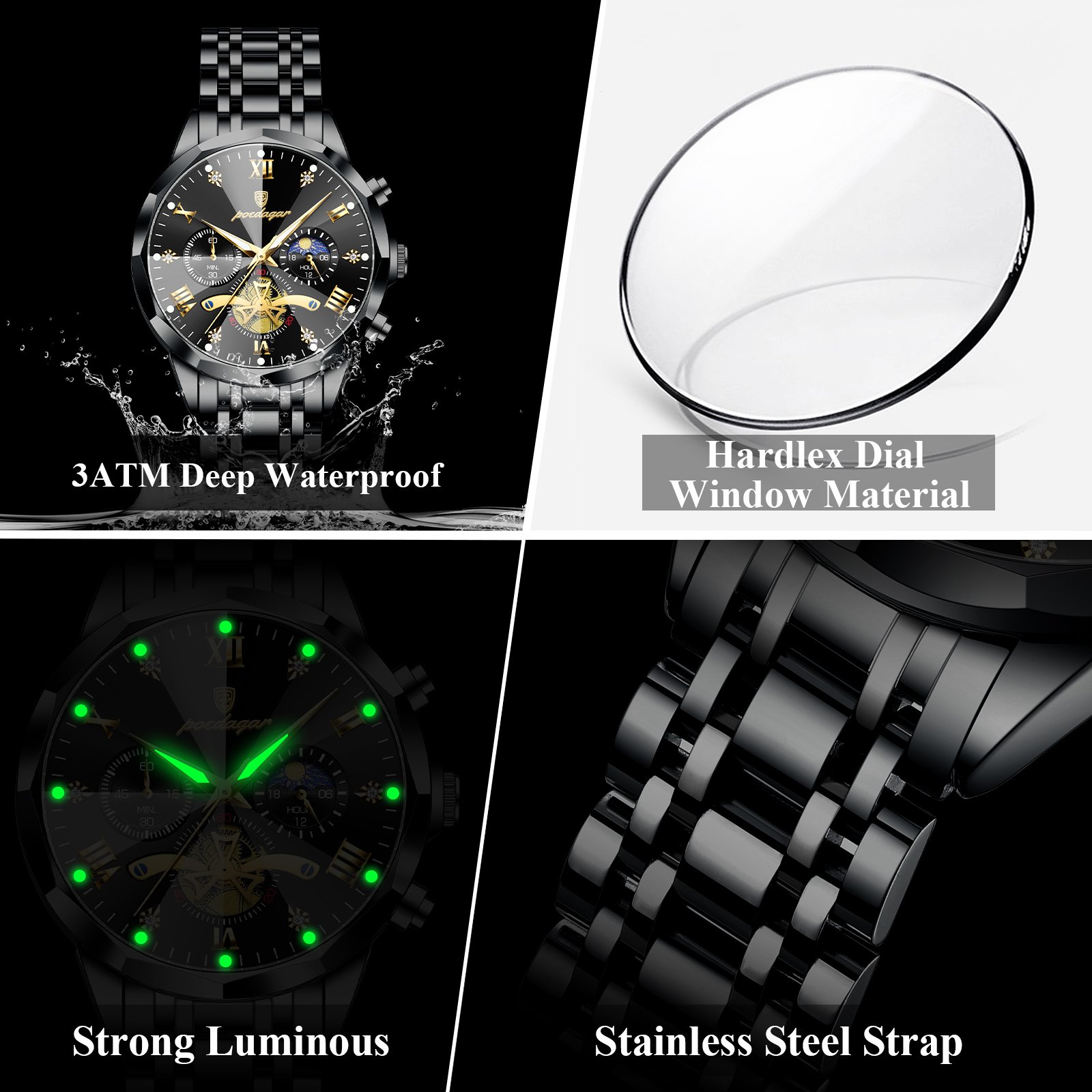 Poedagar 938 chronograph stainless steel watch