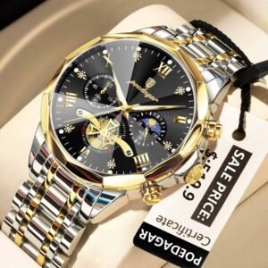 Poedagar 938 chronograph stainless steel watch Gold-Gold-Black