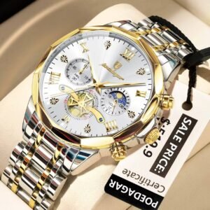 Poedagar 938 chronograph stainless steel watch Gold-Gold-White