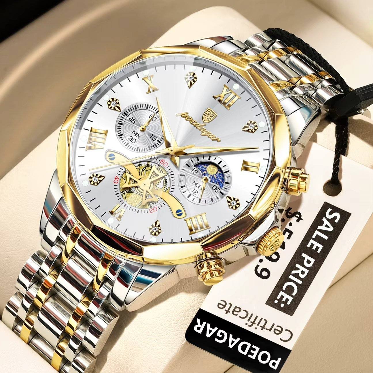 Poedagar 938 chronograph stainless steel watch Gold-Gold-White