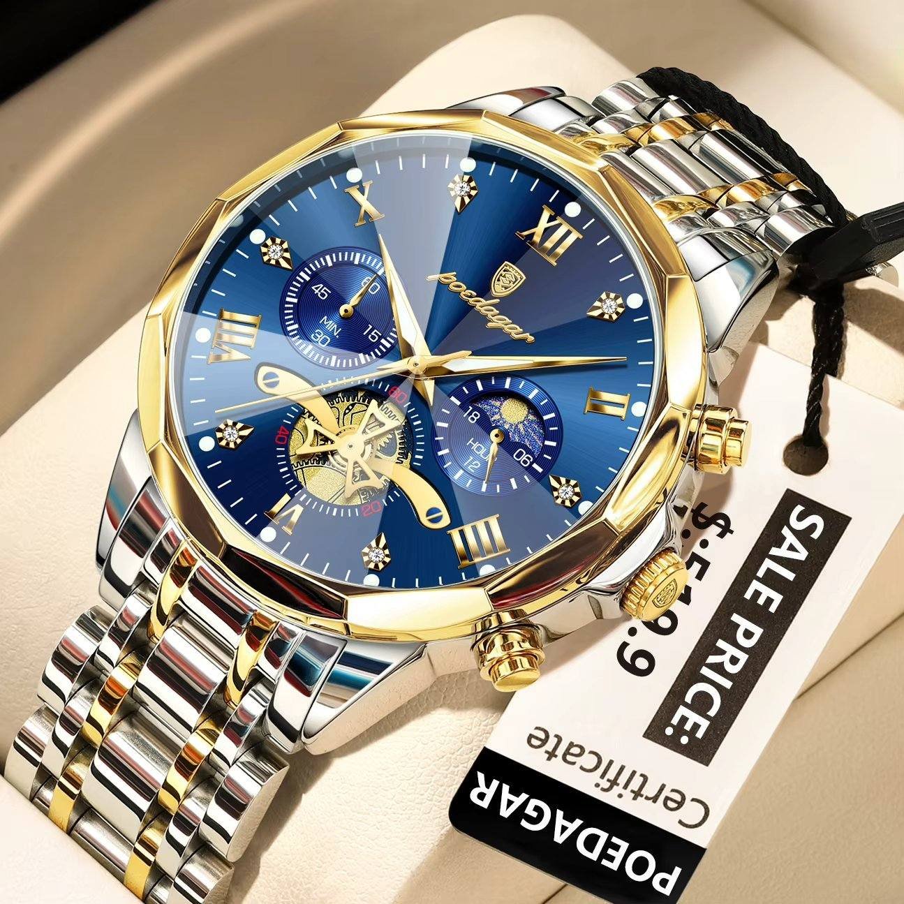 Poedagar 938 chronograph stainless steel watch Gold Gold Blue