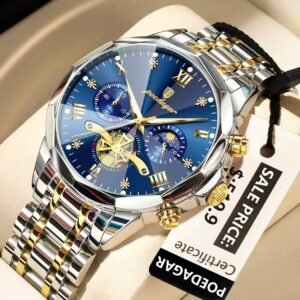 Poedagar 938 chronograph stainless steel watch Silver Gold Blue