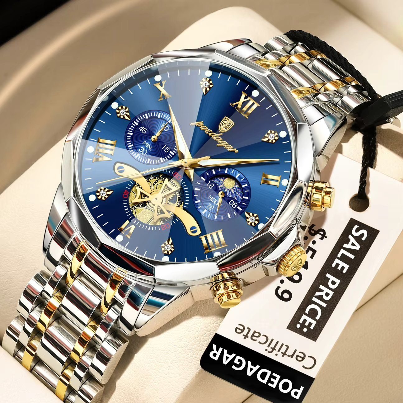 Poedagar 938 chronograph stainless steel watch Silver Gold Blue