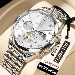 Poedagar 938 chronograph stainless steel watch Silver White