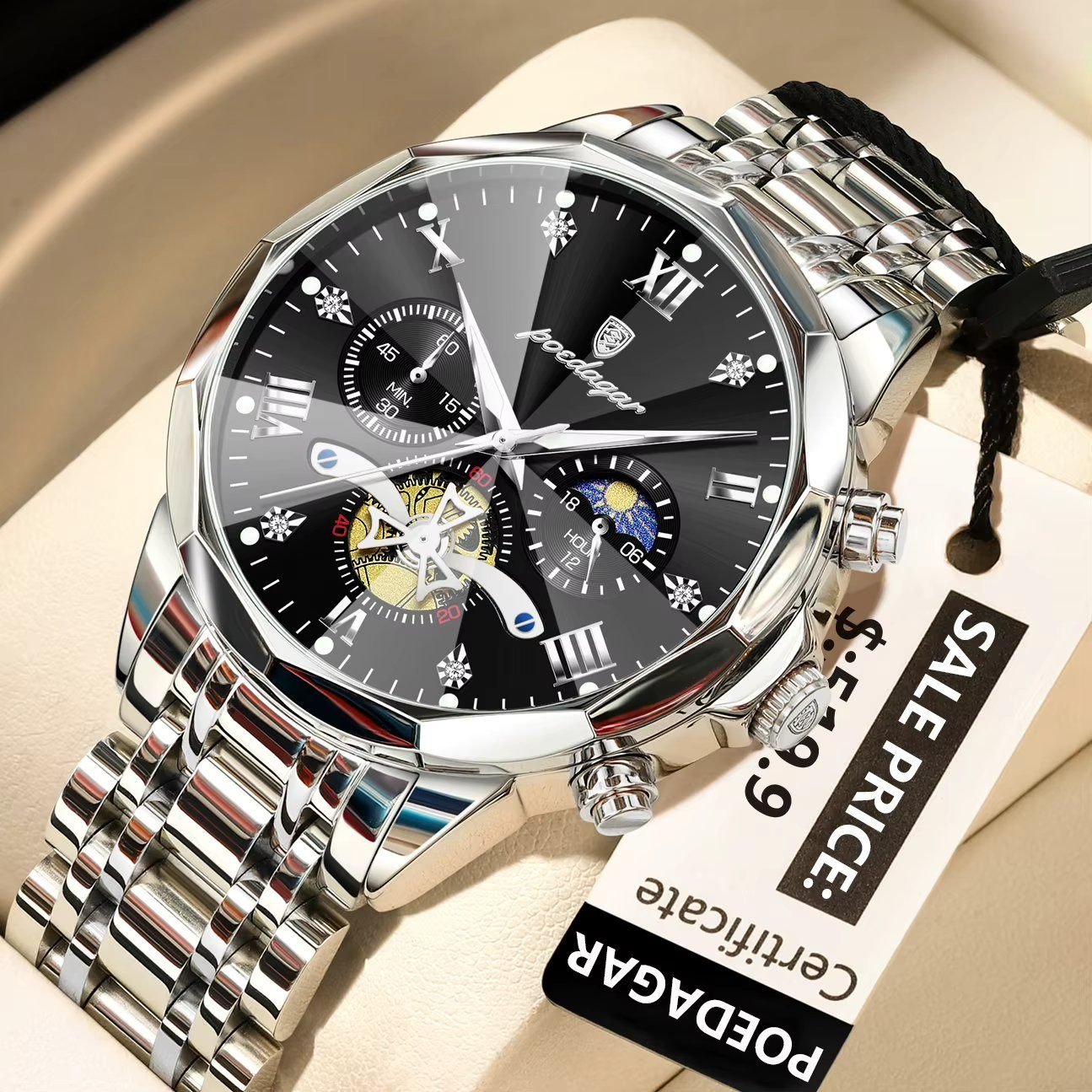 Poedagar 938 chronograph stainless steel watch Silver Black