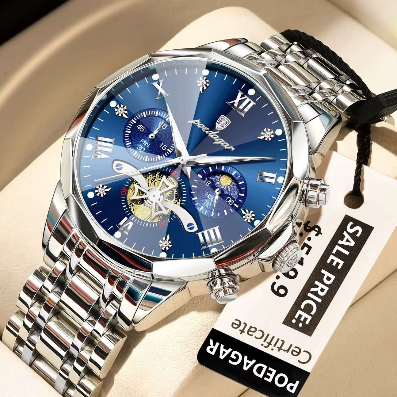 Poedagar 938 chronograph stainless steel watch Silver Blue