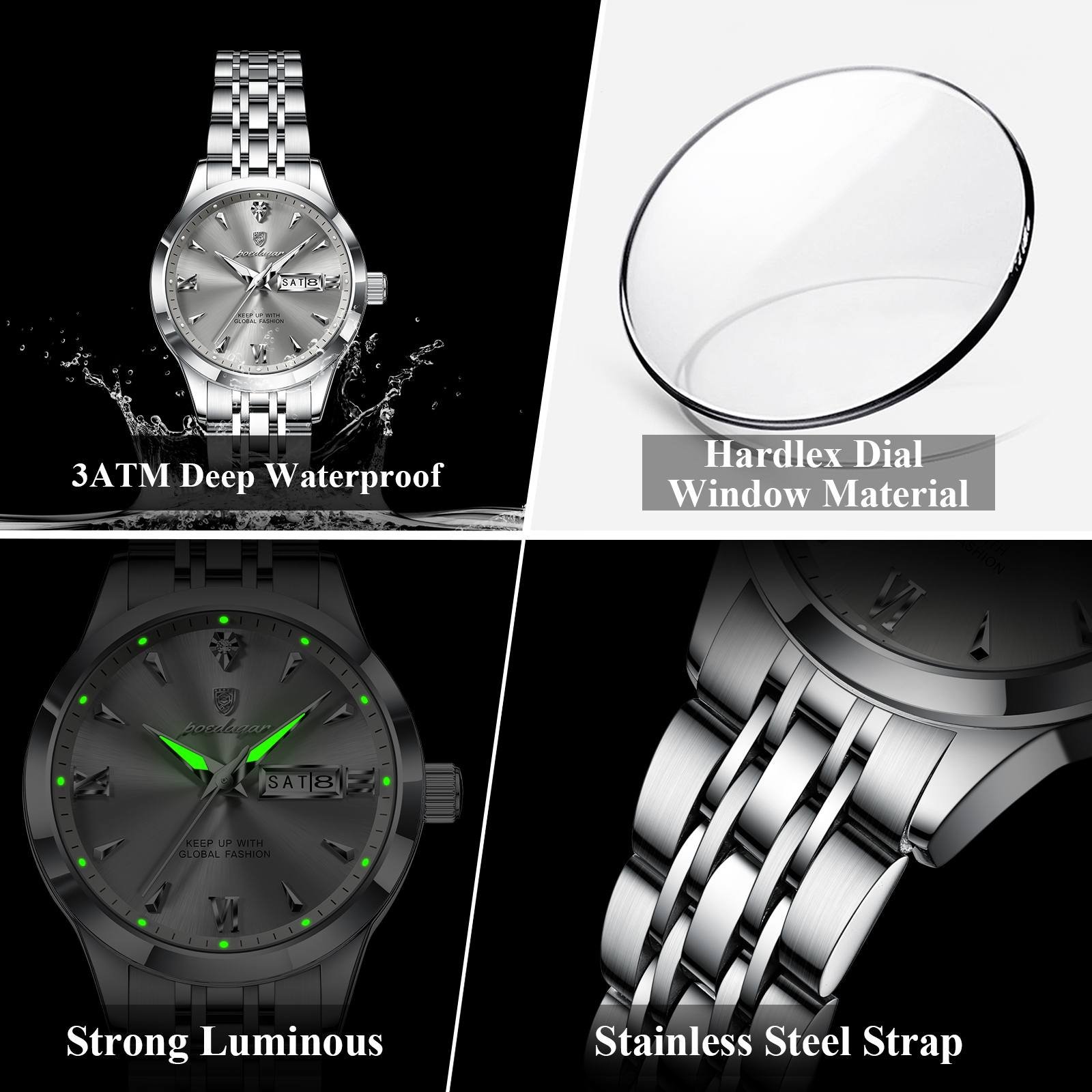 Poedagar 503 waterproof luminous stainless steel wrist watch Gold Blue
