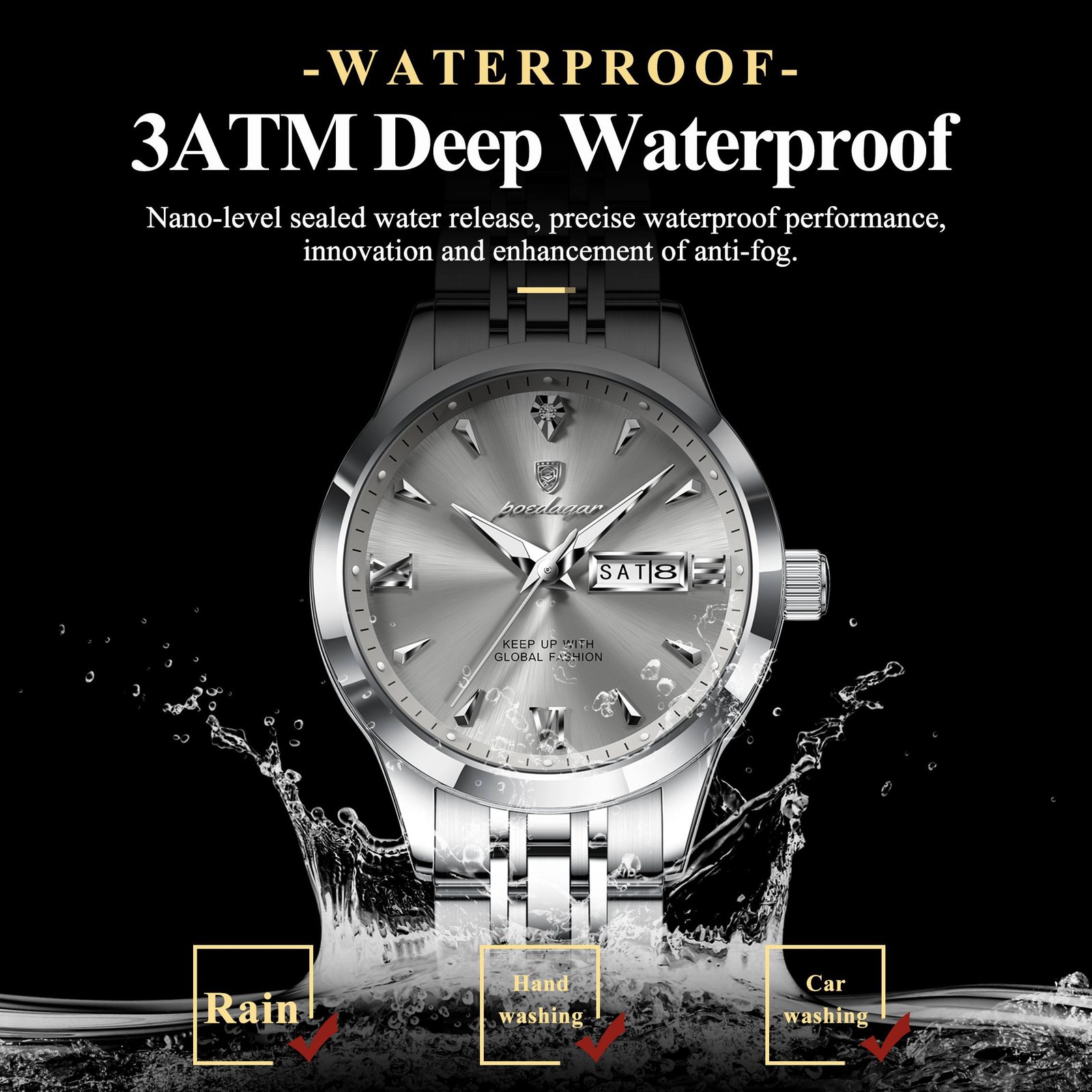 Poedagar 503 waterproof luminous stainless steel wrist watch Gold Blue