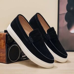 Black Suede Penny loafers with white sole