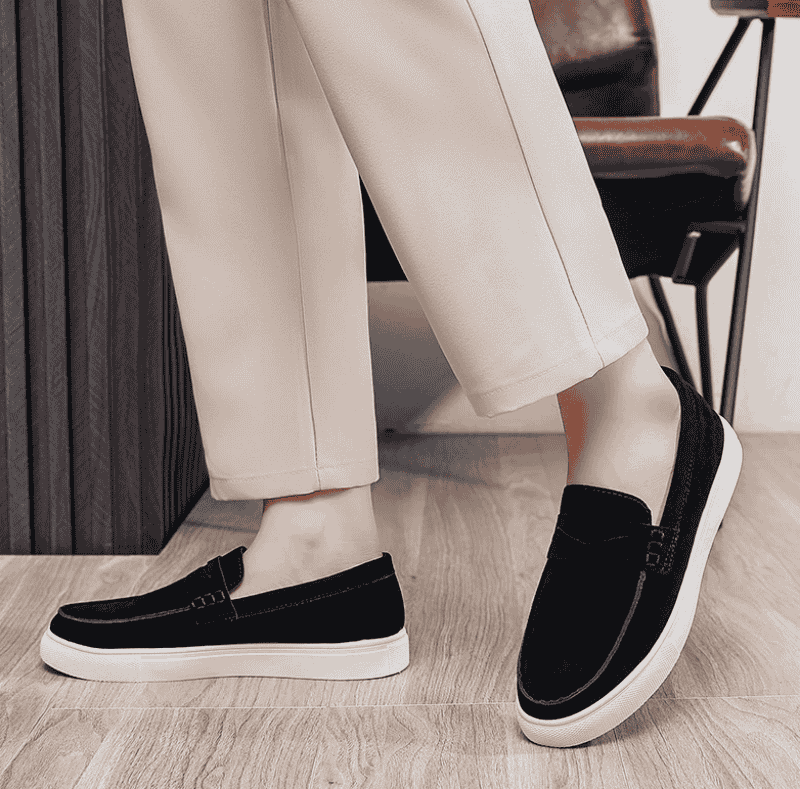 Black Suede Penny loafers with white sole -in feet