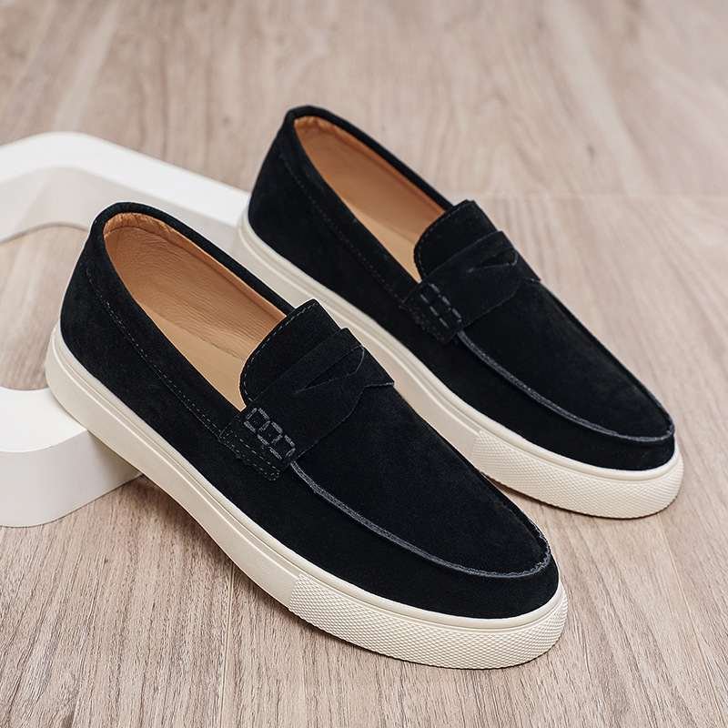 Black Suede Penny loafers with white sole