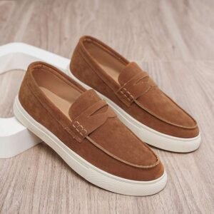 Brown Suede Penny loafers with white sole