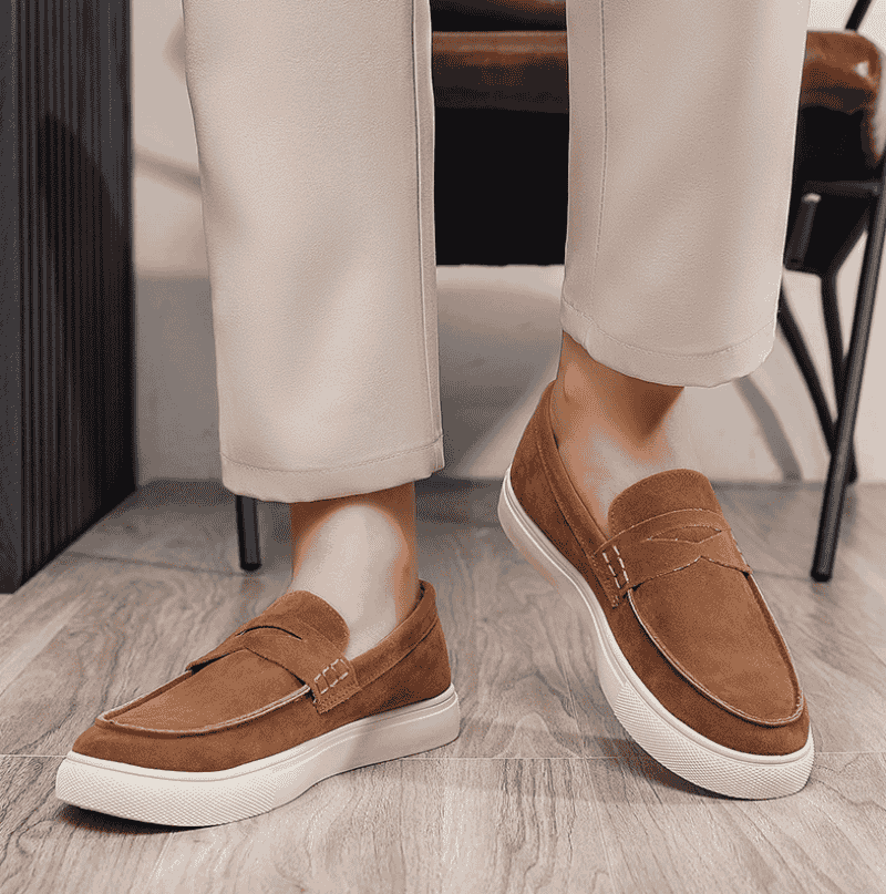 Brown Suede Penny loafers with white sole