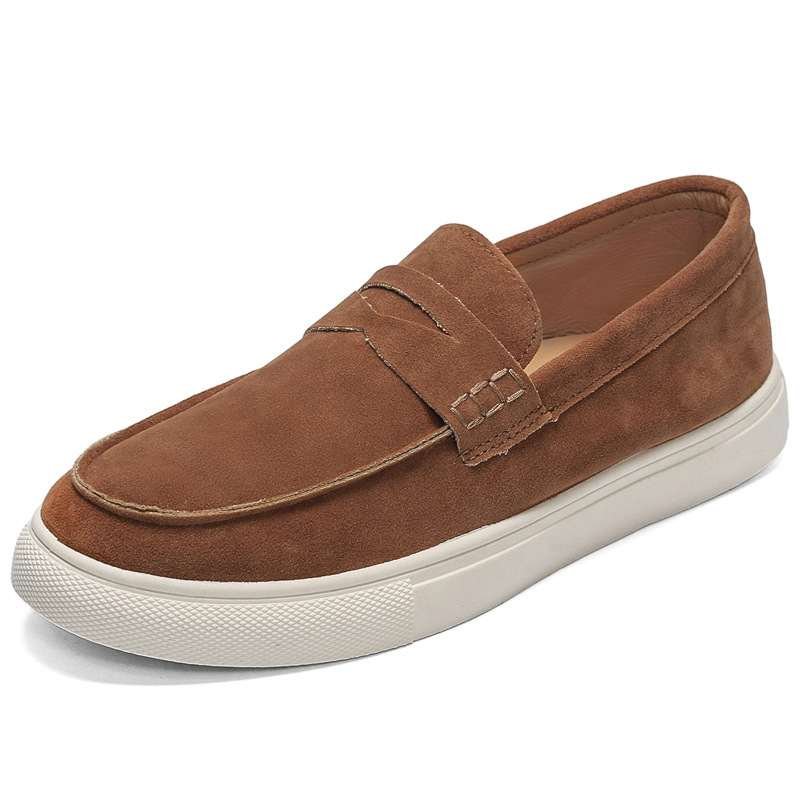 Brown Suede Penny loafers with white sole