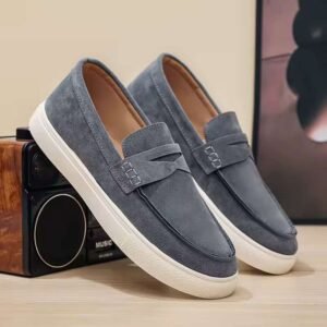 Gray Suede Penny loafers with white sole