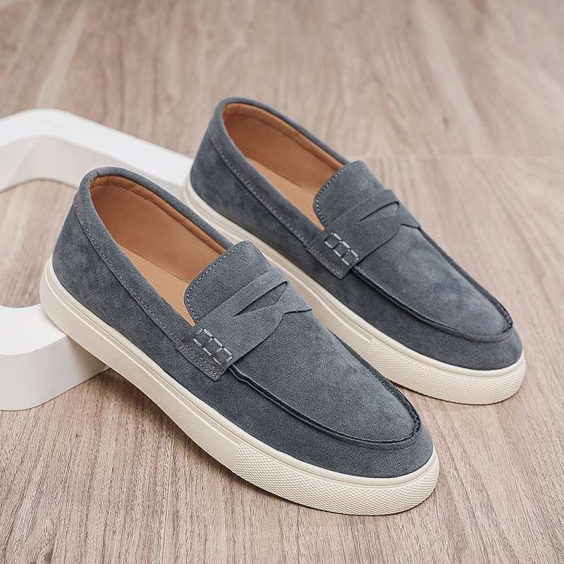 Gray Suede Penny loafers with white sole
